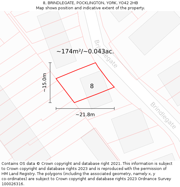 8, BRINDLEGATE, POCKLINGTON, YORK, YO42 2HB: Plot and title map