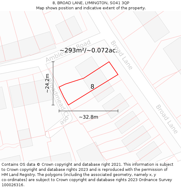 8, BROAD LANE, LYMINGTON, SO41 3QP: Plot and title map