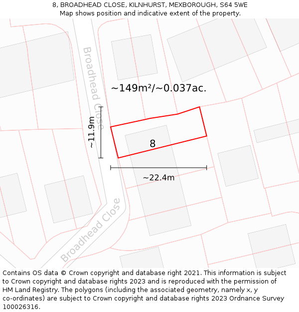 8, BROADHEAD CLOSE, KILNHURST, MEXBOROUGH, S64 5WE: Plot and title map