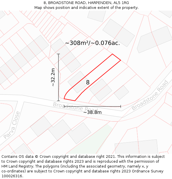 8, BROADSTONE ROAD, HARPENDEN, AL5 1RG: Plot and title map