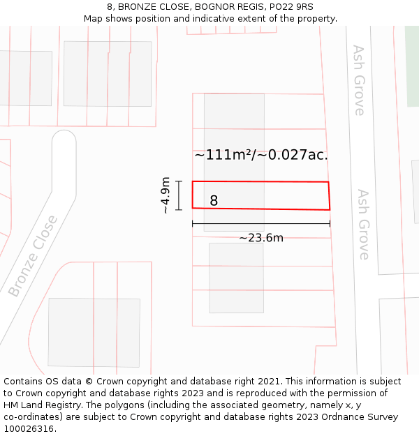 8, BRONZE CLOSE, BOGNOR REGIS, PO22 9RS: Plot and title map