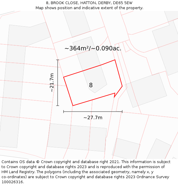 8, BROOK CLOSE, HATTON, DERBY, DE65 5EW: Plot and title map