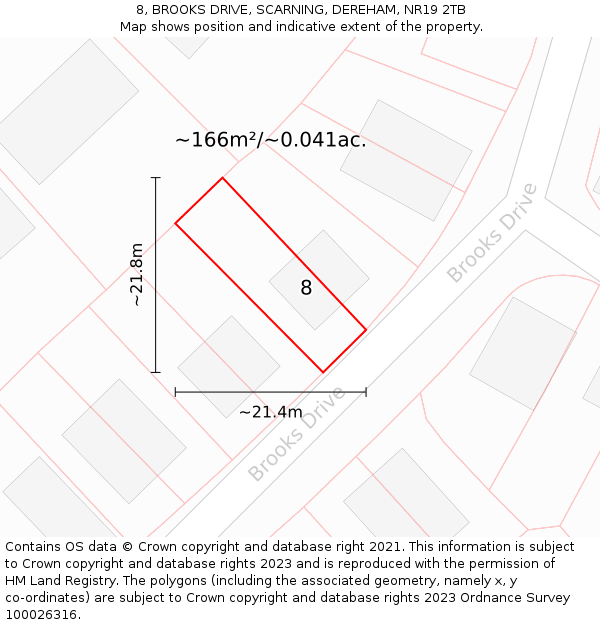 8, BROOKS DRIVE, SCARNING, DEREHAM, NR19 2TB: Plot and title map