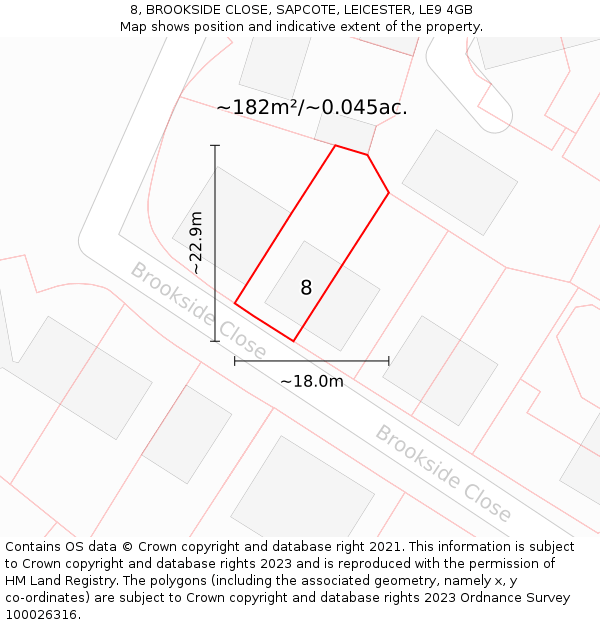 8, BROOKSIDE CLOSE, SAPCOTE, LEICESTER, LE9 4GB: Plot and title map