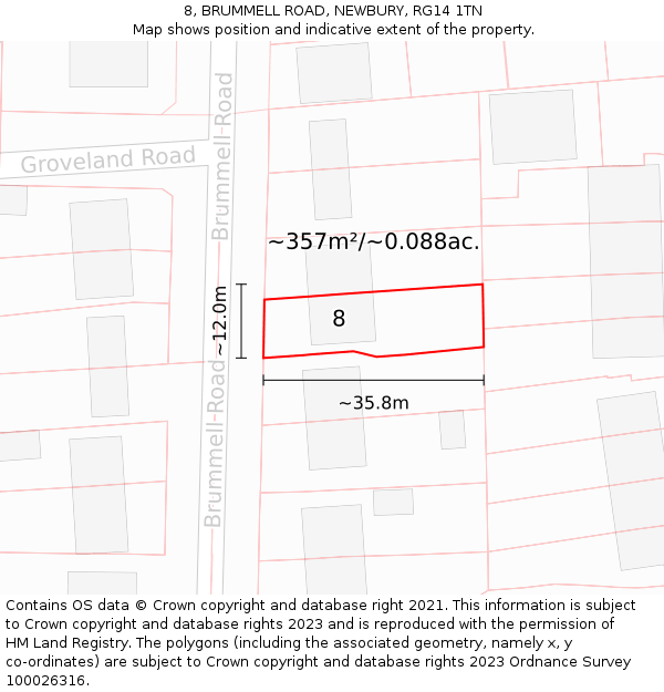 8, BRUMMELL ROAD, NEWBURY, RG14 1TN: Plot and title map