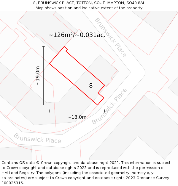 8, BRUNSWICK PLACE, TOTTON, SOUTHAMPTON, SO40 8AL: Plot and title map