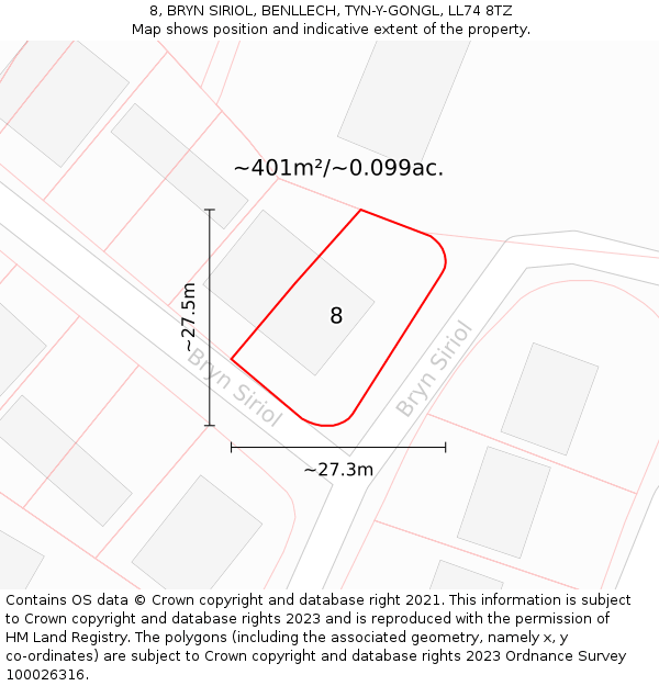 8, BRYN SIRIOL, BENLLECH, TYN-Y-GONGL, LL74 8TZ: Plot and title map