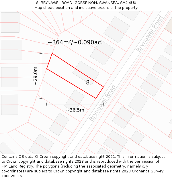 8, BRYNAWEL ROAD, GORSEINON, SWANSEA, SA4 4UX: Plot and title map