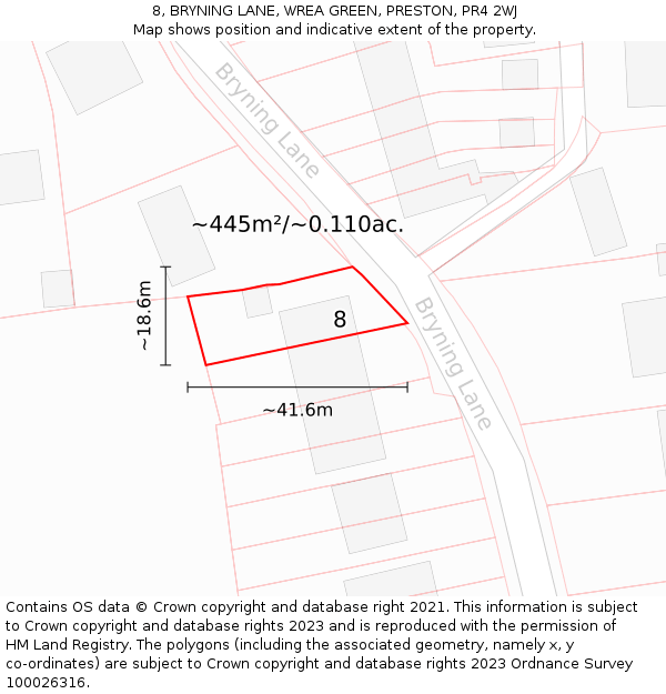 8, BRYNING LANE, WREA GREEN, PRESTON, PR4 2WJ: Plot and title map