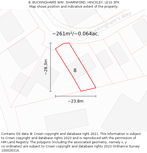 8, BUCKINGHAMS WAY, SHARNFORD, HINCKLEY, LE10 3PX: Plot and title map