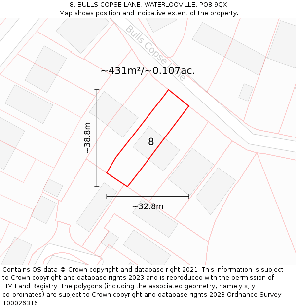 8, BULLS COPSE LANE, WATERLOOVILLE, PO8 9QX: Plot and title map