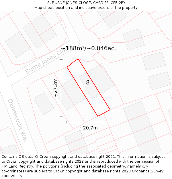 8, BURNE JONES CLOSE, CARDIFF, CF5 2RY: Plot and title map