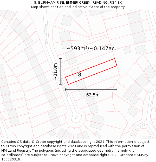 8, BURNHAM RISE, EMMER GREEN, READING, RG4 8XJ: Plot and title map