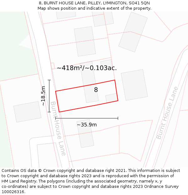 8, BURNT HOUSE LANE, PILLEY, LYMINGTON, SO41 5QN: Plot and title map