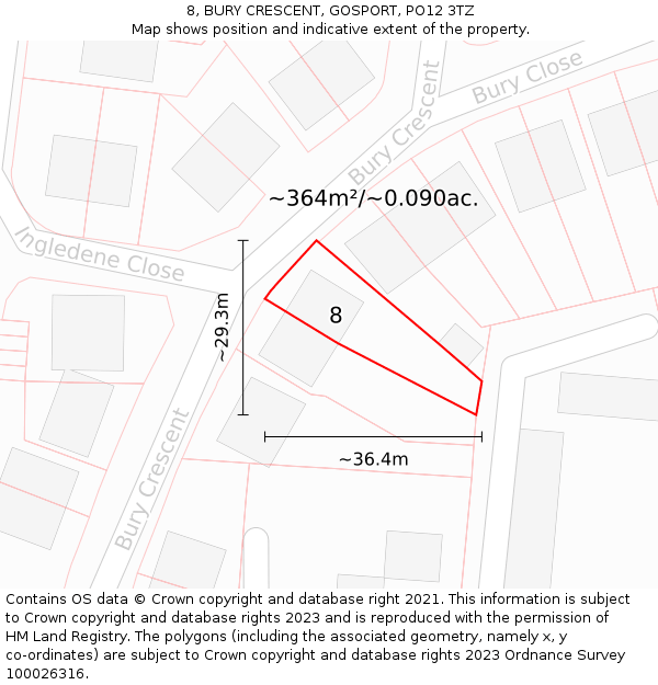 8, BURY CRESCENT, GOSPORT, PO12 3TZ: Plot and title map