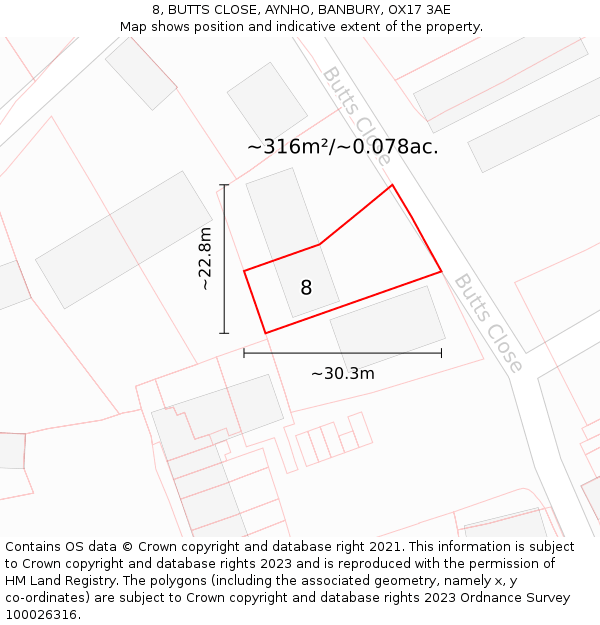 8, BUTTS CLOSE, AYNHO, BANBURY, OX17 3AE: Plot and title map