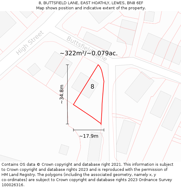 8, BUTTSFIELD LANE, EAST HOATHLY, LEWES, BN8 6EF: Plot and title map