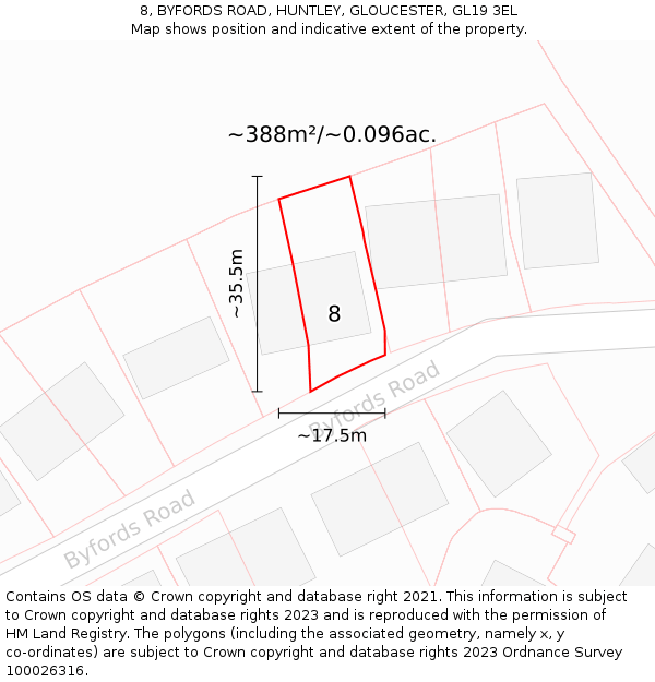 8, BYFORDS ROAD, HUNTLEY, GLOUCESTER, GL19 3EL: Plot and title map