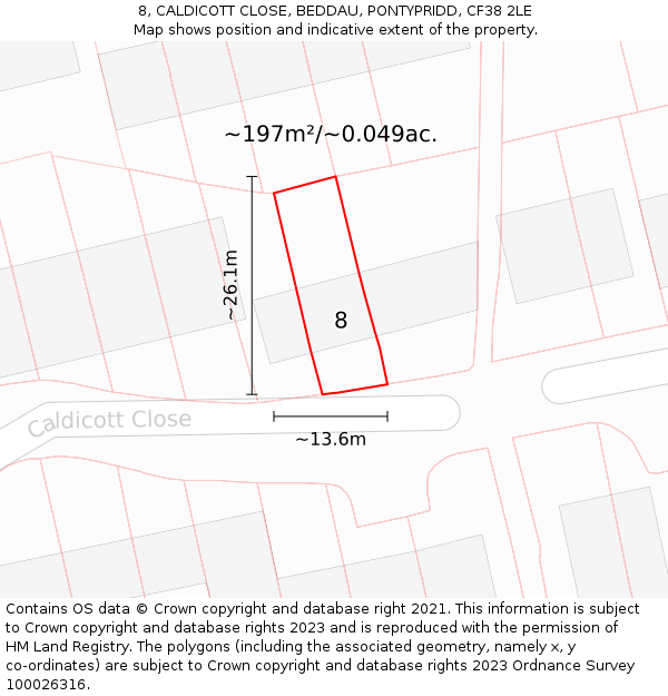 8, CALDICOTT CLOSE, BEDDAU, PONTYPRIDD, CF38 2LE: Plot and title map