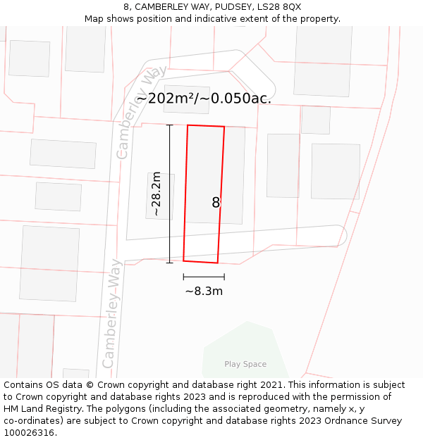 8, CAMBERLEY WAY, PUDSEY, LS28 8QX: Plot and title map