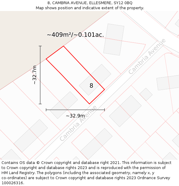8, CAMBRIA AVENUE, ELLESMERE, SY12 0BQ: Plot and title map