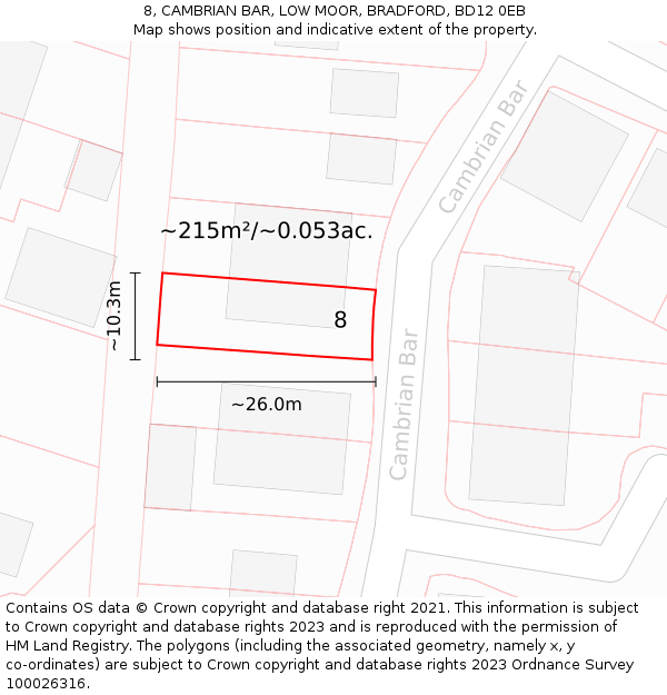 8, CAMBRIAN BAR, LOW MOOR, BRADFORD, BD12 0EB: Plot and title map