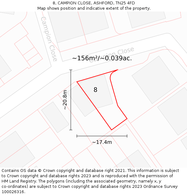 8, CAMPION CLOSE, ASHFORD, TN25 4FD: Plot and title map