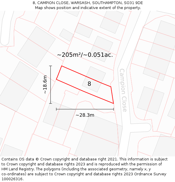 8, CAMPION CLOSE, WARSASH, SOUTHAMPTON, SO31 9DE: Plot and title map