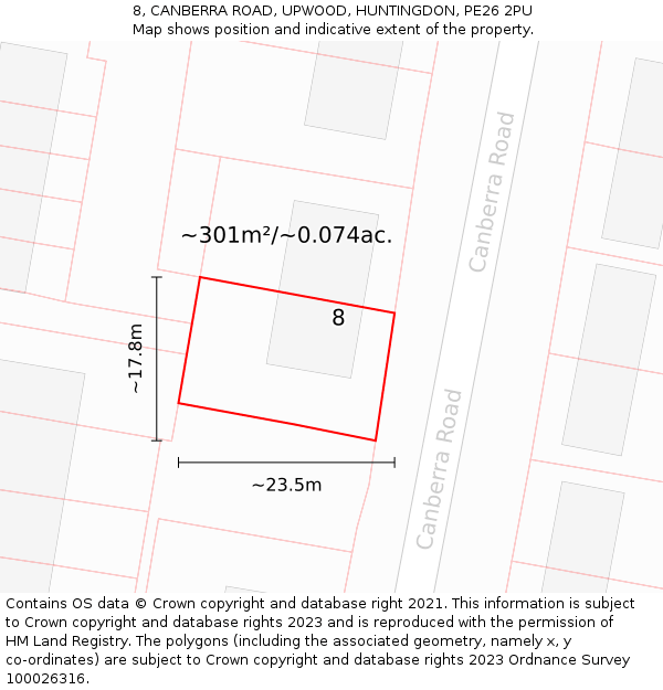 8, CANBERRA ROAD, UPWOOD, HUNTINGDON, PE26 2PU: Plot and title map