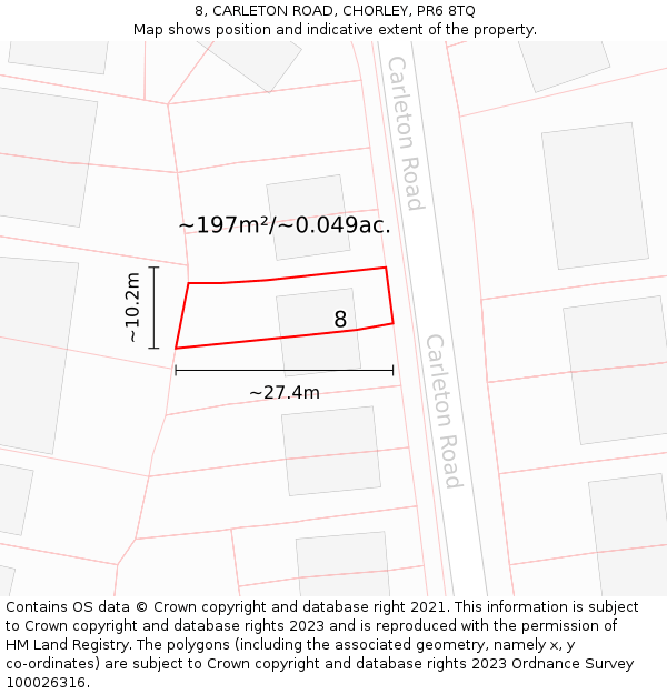 8, CARLETON ROAD, CHORLEY, PR6 8TQ: Plot and title map