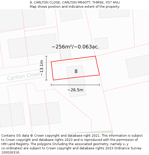 8, CARLTON CLOSE, CARLTON MINIOTT, THIRSK, YO7 4NU: Plot and title map