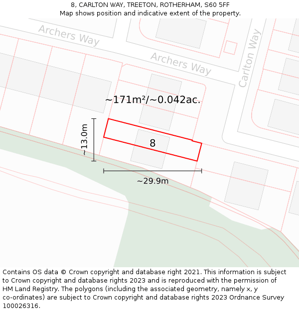 8, CARLTON WAY, TREETON, ROTHERHAM, S60 5FF: Plot and title map