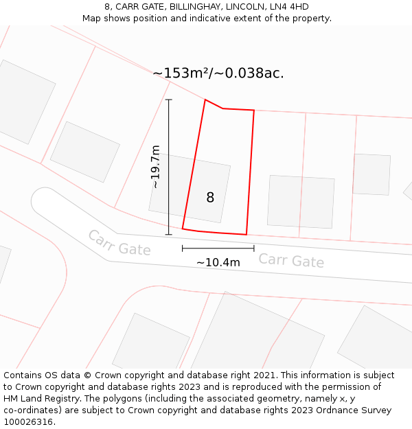 8, CARR GATE, BILLINGHAY, LINCOLN, LN4 4HD: Plot and title map