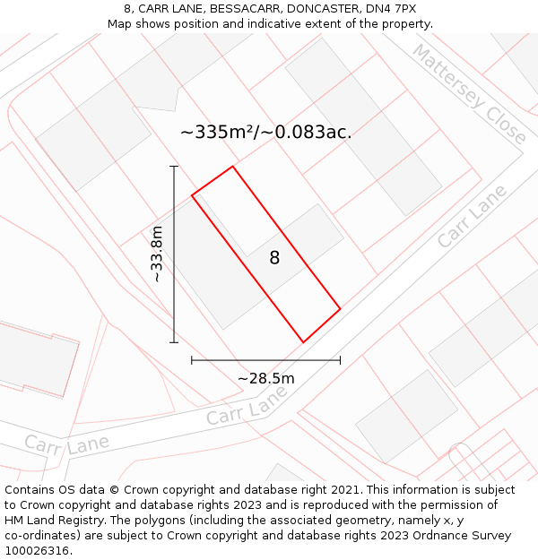 8, CARR LANE, BESSACARR, DONCASTER, DN4 7PX: Plot and title map