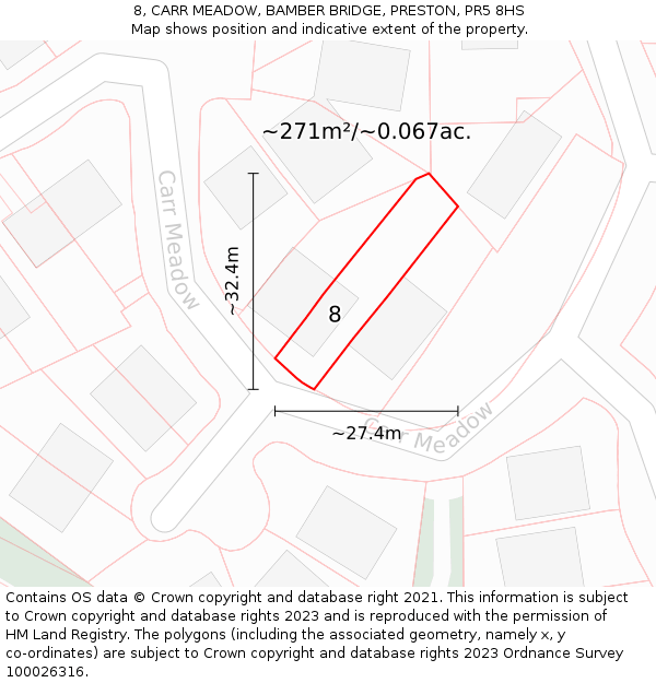 8, CARR MEADOW, BAMBER BRIDGE, PRESTON, PR5 8HS: Plot and title map