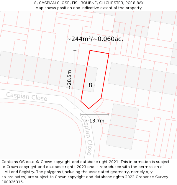 8, CASPIAN CLOSE, FISHBOURNE, CHICHESTER, PO18 8AY: Plot and title map