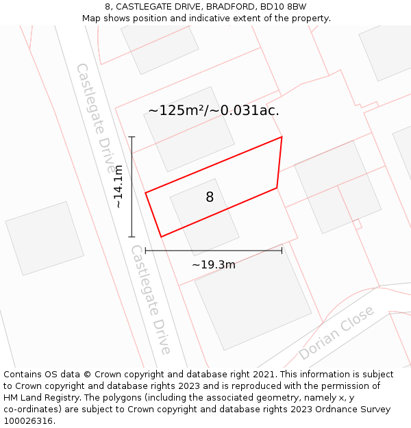 8, CASTLEGATE DRIVE, BRADFORD, BD10 8BW: Plot and title map