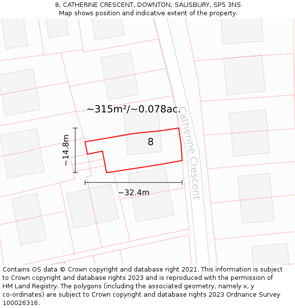 8, CATHERINE CRESCENT, DOWNTON, SALISBURY, SP5 3NS: Plot and title map