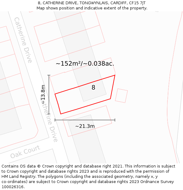 8, CATHERINE DRIVE, TONGWYNLAIS, CARDIFF, CF15 7JT: Plot and title map