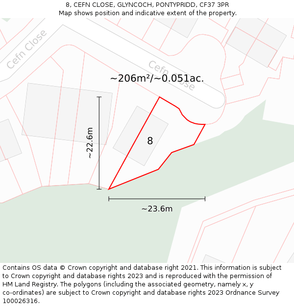 8, CEFN CLOSE, GLYNCOCH, PONTYPRIDD, CF37 3PR: Plot and title map