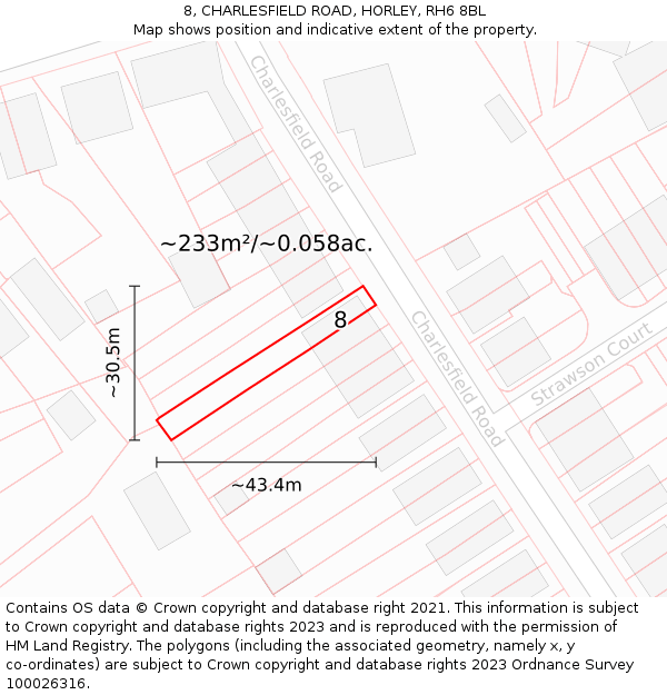 8, CHARLESFIELD ROAD, HORLEY, RH6 8BL: Plot and title map