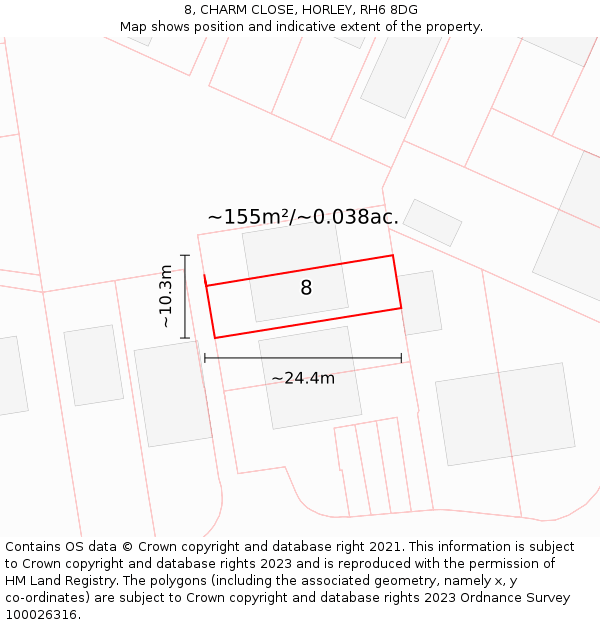 8, CHARM CLOSE, HORLEY, RH6 8DG: Plot and title map