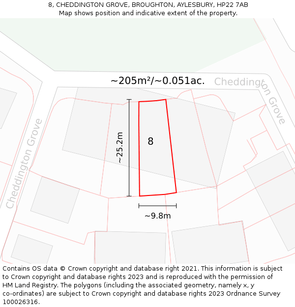 8, CHEDDINGTON GROVE, BROUGHTON, AYLESBURY, HP22 7AB: Plot and title map