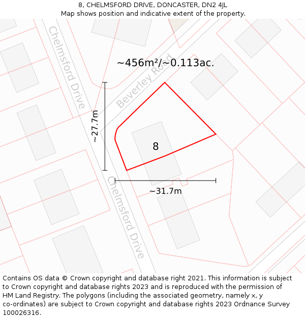 8, CHELMSFORD DRIVE, DONCASTER, DN2 4JL: Plot and title map