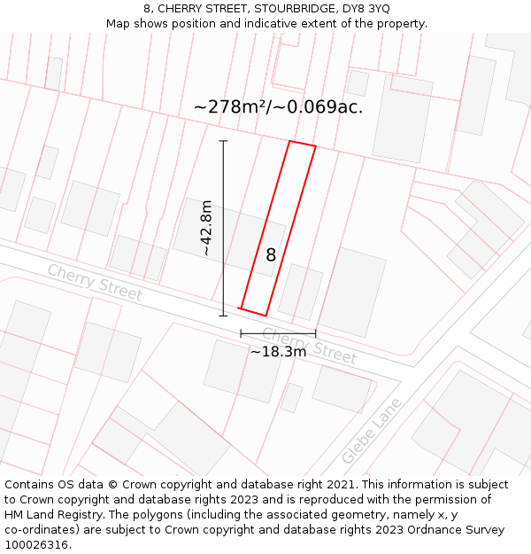 8, CHERRY STREET, STOURBRIDGE, DY8 3YQ: Plot and title map