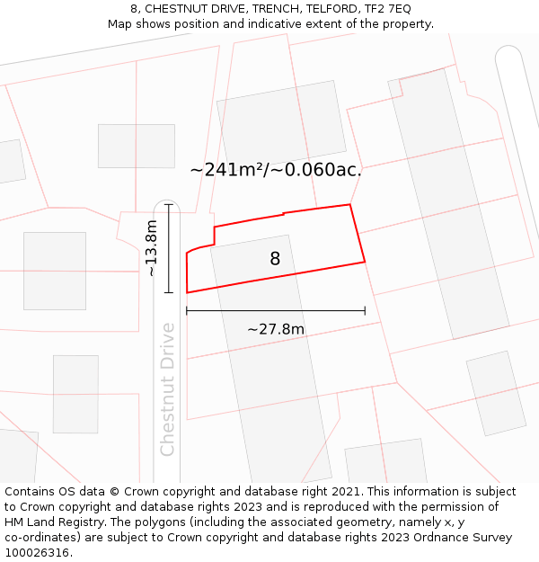 8, CHESTNUT DRIVE, TRENCH, TELFORD, TF2 7EQ: Plot and title map