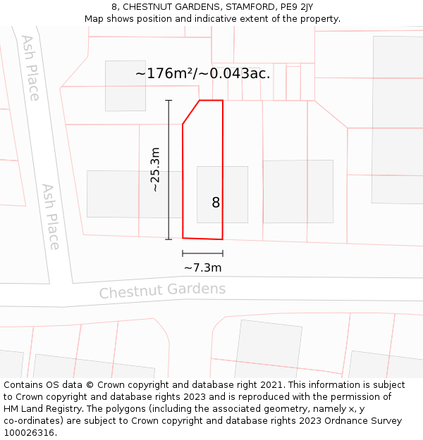 8, CHESTNUT GARDENS, STAMFORD, PE9 2JY: Plot and title map