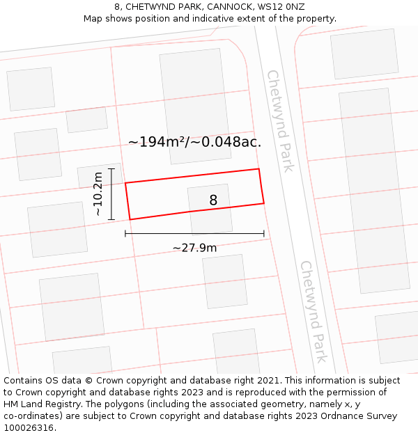 8, CHETWYND PARK, CANNOCK, WS12 0NZ: Plot and title map