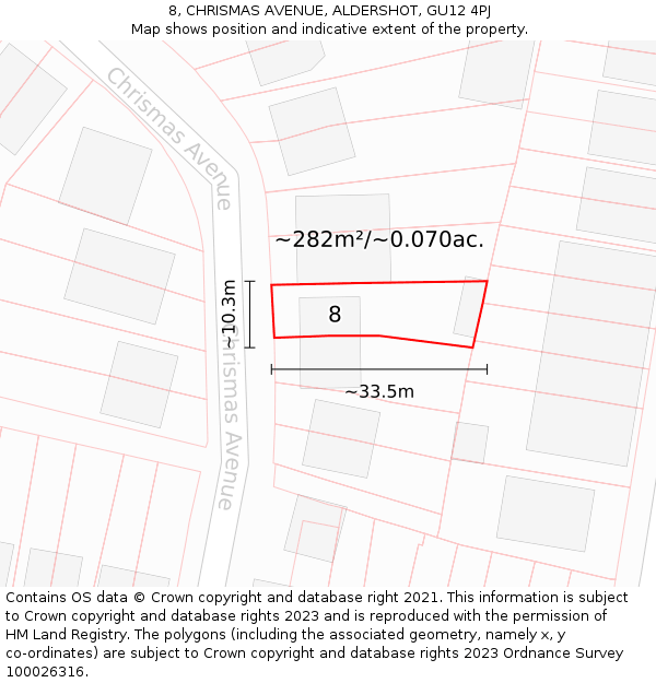 8, CHRISMAS AVENUE, ALDERSHOT, GU12 4PJ: Plot and title map