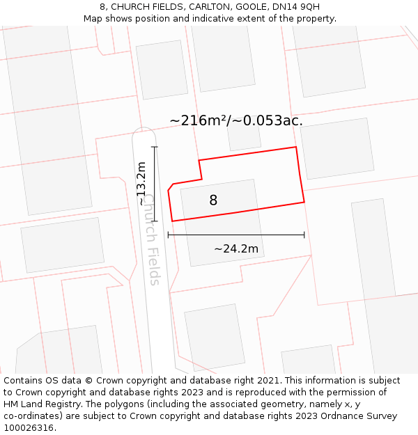 8, CHURCH FIELDS, CARLTON, GOOLE, DN14 9QH: Plot and title map